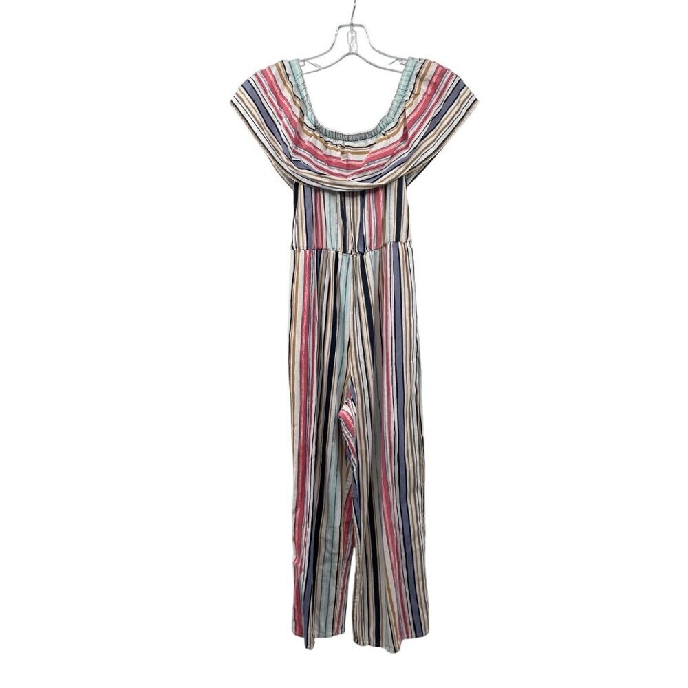 Speechless Womens Striped Cropped Jumpsuit Off Shoulder Size XS Pockets